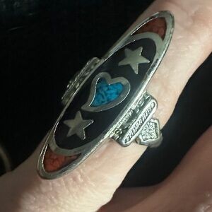 Silver and abalone coral  Zuni Heart Star Ring